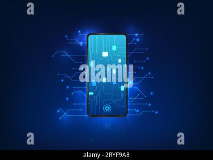 Smartphone technology The mobile inside is a technology circuit board. Smartphone devices that are used to communicate have a circuit inside that send Stock Vector