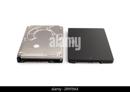 Modern SSD and old HDD Hard disk drive isolated on white background. Computer hardware data storage Stock Photo