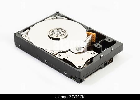 Open Hard disk drive HDD isolated on white background. Computer hardware data storage Stock Photo