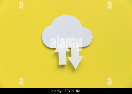 Cloud computing data storage concept.Network computing technologies. Digital server. Icon of cloud with arrow on yellow background. Stock Photo