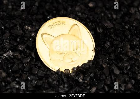 Shiba coin on black gravel background. Cryptocurrency blockchain money Stock Photo