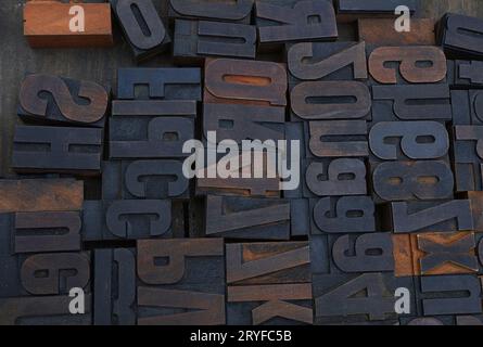 Old wooden vintage typography printing blocks Stock Photo