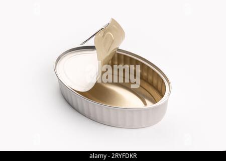 Open food tin can isolated on a white background. Metallic container Stock Photo