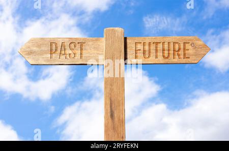 Past or future concept. Wooden signpost with message on sky background Stock Photo