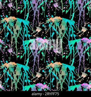 Seamless pattern with hand drawn splashes and stains. Abstract colorful watercolor background on black. Stock Photo