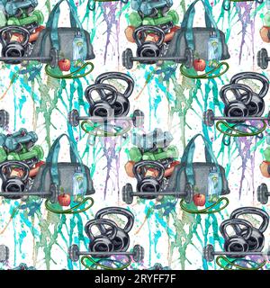 Watercolor seamless pattern of gym, sport or fitness stuff on white. Repetating background with sports elements perfect for gret Stock Photo