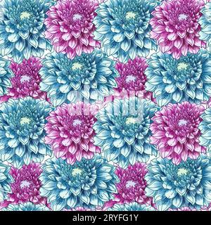 Dahlias seamless pattern. Dahlia fabric background.  Big abstract geogin flowers hand drawn with watercolor. Stock Photo