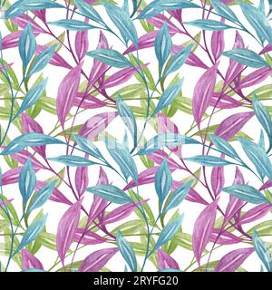 Floral seamless pattern. Leaves fabric background.  Big abstract floral twigs with color leaves hand drawn with watercolor. Stock Photo