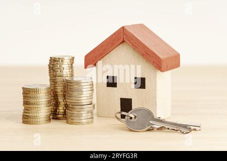 Real estate background. House model, money and keys. Copy space Stock Photo