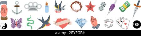 Tattoos. Old school tattoos. Swallow, rose, heart, knife, anchor, skull, hands, flowers, snake. Vector illustration. Stock Vector