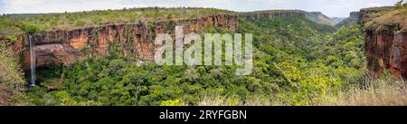 Landscape panorama with cliffs and waterfall in Chapada dos GuimarÃ£es,Brazil Stock Photo