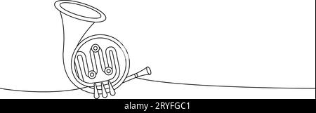 French horn one line continuous drawing. Musical instruments continuous one line illustration. Vector minimalist linear illustration Stock Vector