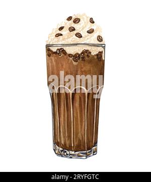 Hand drawn cup of coffee latte. Watercolor frappe illustration. Stock Photo