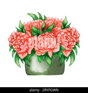 Watercolor peonies bouquet in a basket isolated on white background. Hand painted red flowers and green leaves. Floral illustrat Stock Photo
