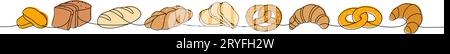 Breads one line colored continuous drawing. Pretzel, ciabatta, croissant, bagel, toast bread, french baguette continuous one line illustration. Stock Vector
