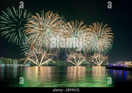 Fireworks above the lake in Yas Bay for 50th Golden Jubilee UAE
