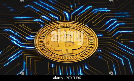 Bitcoin pulsates on a circuit board Stock Photo