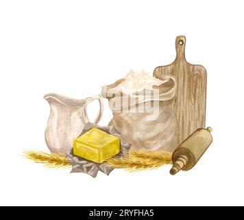 Baking watercolor illustration with kitchen utensils, shoping board, butter, rolling pin, flour, whead, clay jag on white backgr Stock Photo