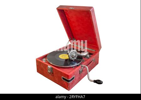 Gramophone with a vinyl record isolated on white background Stock Photo