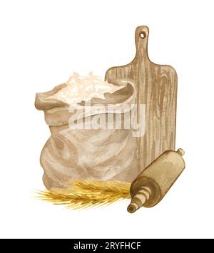 Baking watercolor illustration with kitchen utensils, shoping board, rolling pin, flour, whead on white background. Hand drawn C Stock Photo