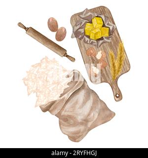 Baking watercolor illustration with kitchen utensils, shoping board, butter, rolling pin, flour, eggs and apron on white backgro Stock Photo