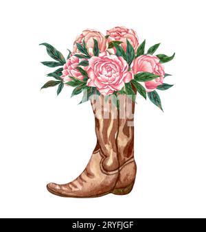 Watercolor country boots with red flowers and greenery, illustration isolated on white background. Rustic wedding Stock Photo