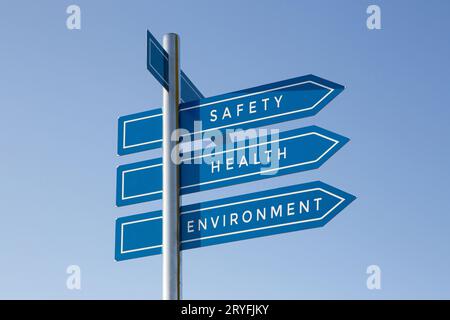 Safety, health, environment on signpost on blue sky. Healthy lifestyle concept Stock Photo
