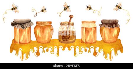 Watercolor honey banner with honey pots, jar and flieng bees. Hand drawn organic illustration. Stock Photo