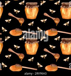 Watercolor honey seamless pattern with bee and honey. Hand drawn repeten background Stock Photo