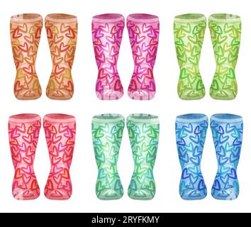 Watercolor wellies collection. rain boots family print. Isolated on white. autumn, fall concept Stock Photo