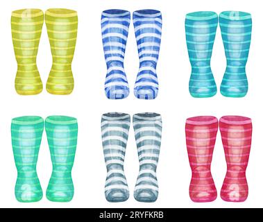 Watercolor wellies collection. rain boots family print. Isolated on white. autumn, fall concept Stock Photo