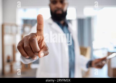 Hand, invisible screen and doctor press key on technology for healthcare, wellness or telehealth. Finger, click touchscreen or medical professional on Stock Photo