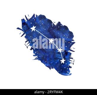 Aries watercolor zodiac signs. Hand drawn stars on deep blue galaxy background illustration Stock Photo