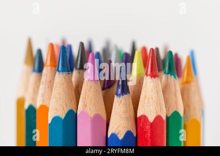 Closeup of sharpened coloring pencils isolated on white background, arts and crafts, back to school concept Stock Photo