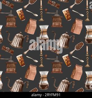 Watercolor coffee seamless pattern. Hand drawn vintage coffee elements and hot beverage on white background. Breackfast backdrop Stock Photo