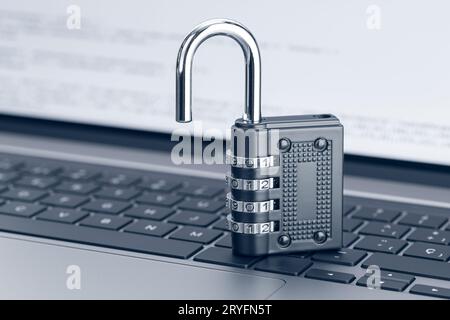 Open padlock on laptop. Unlock security. Computer Vulnerability concept Stock Photo