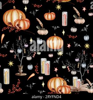 Watercolor helloween Seamless pattern. Perfect for cards or posters, halloween design, recipe or menu. Holiday Stock Photo