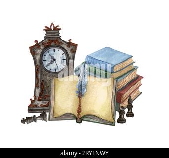 Vintage illustration isolated on white. Hand Drawn watercolor composition of ink feather, rare clock, open book, old books. Anti Stock Photo