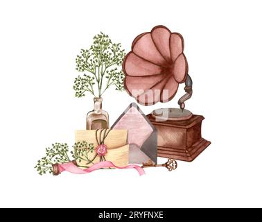 Vintage illustration isolated on white. Hand Drawn watercolor composition of dried twig, gramophone, love letter, old key. Antiq Stock Photo