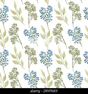 Watercolor floral seamless pattern with flowers and leafs. Dried twigs hand drawn illustration Stock Photo