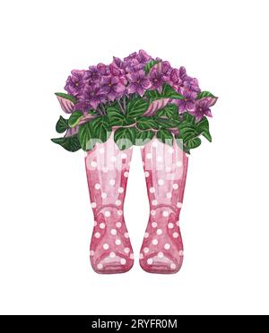 Watercolor wellies with flowers illustration in provence style. Rubber boots. Bouquet of flowers. Stock Photo