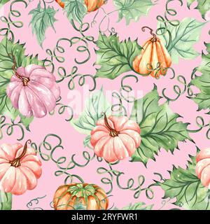 Watercolor bright pumpkin seamless pattern. Hand painted pumpkin ornament with flower, leaves and branch isolated on white backg Stock Photo