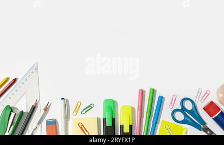Back to school background with copy space. Variety of Office and school supplies on white background Stock Photo