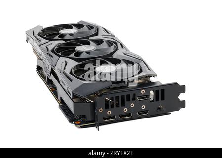 Big black contemporary gaming graphics card isolated on white background Stock Photo