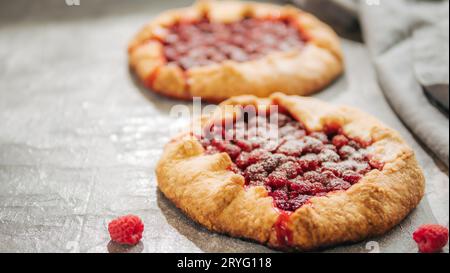 Raspberry galette or raspberries rustic tart Stock Photo