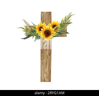 Sunflower floral cross. Easter illustration. Watercolor Wedding Cross Stock Photo