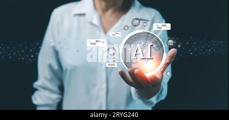 Concept of using artificial intelligence, AI to control the environment, social, governance and control pollution. Using command prompt for generates Stock Photo