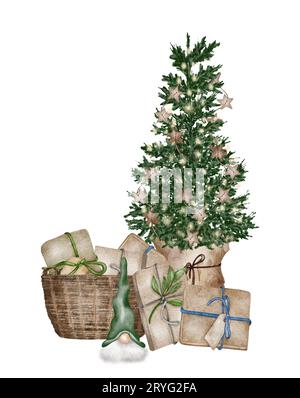 Watercolor Christmas tree branch in box made of white gray, wooden ...