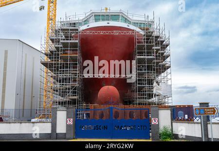 Latest images of MV Glen Rosa and Glen Sannox, two Caledonian MacBrayne ferries under construction at Ferguson Marine shipyard, Port Glasgow. Stock Photo