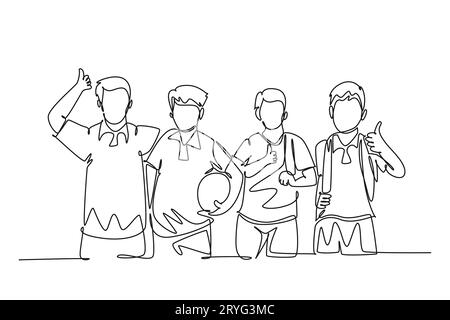 Single continuous line drawing group of young happy boys and girls from elementary school student carrying bags and give thumbs up gesture. Education. Stock Photo